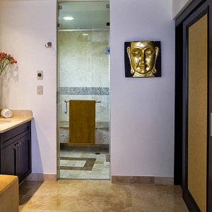 bathroom with steam room and tub